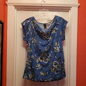 Rafaella Blue Cream Draped Cap Sleeve Blouse